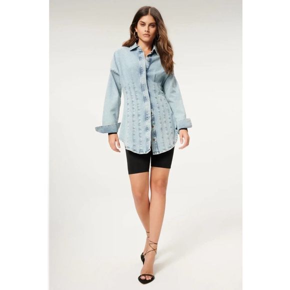 Good American Seamed Long Sleeve Denim Shirt Dress Size 1 - Picture 3 of 8
